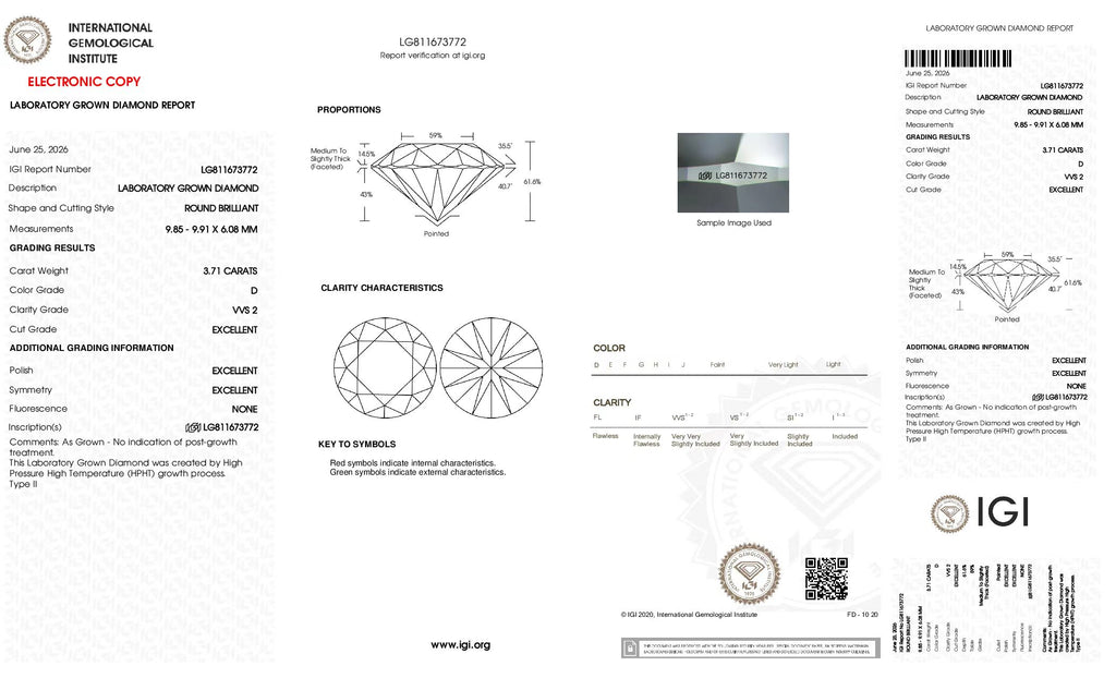Round Brilliant Cut Lab-Grown Diamond – 3.71 ct, D Color, VVS2 Clarity – IGI Certified (Report #LG811673772)