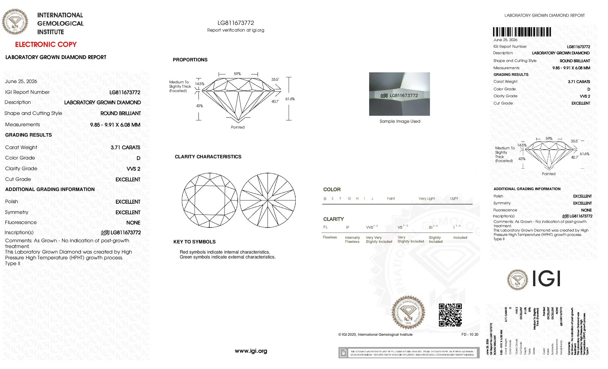 Round Brilliant Cut Lab-Grown Diamond – 3.71 ct, D Color, VVS2 Clarity – IGI Certified (Report #LG811673772)