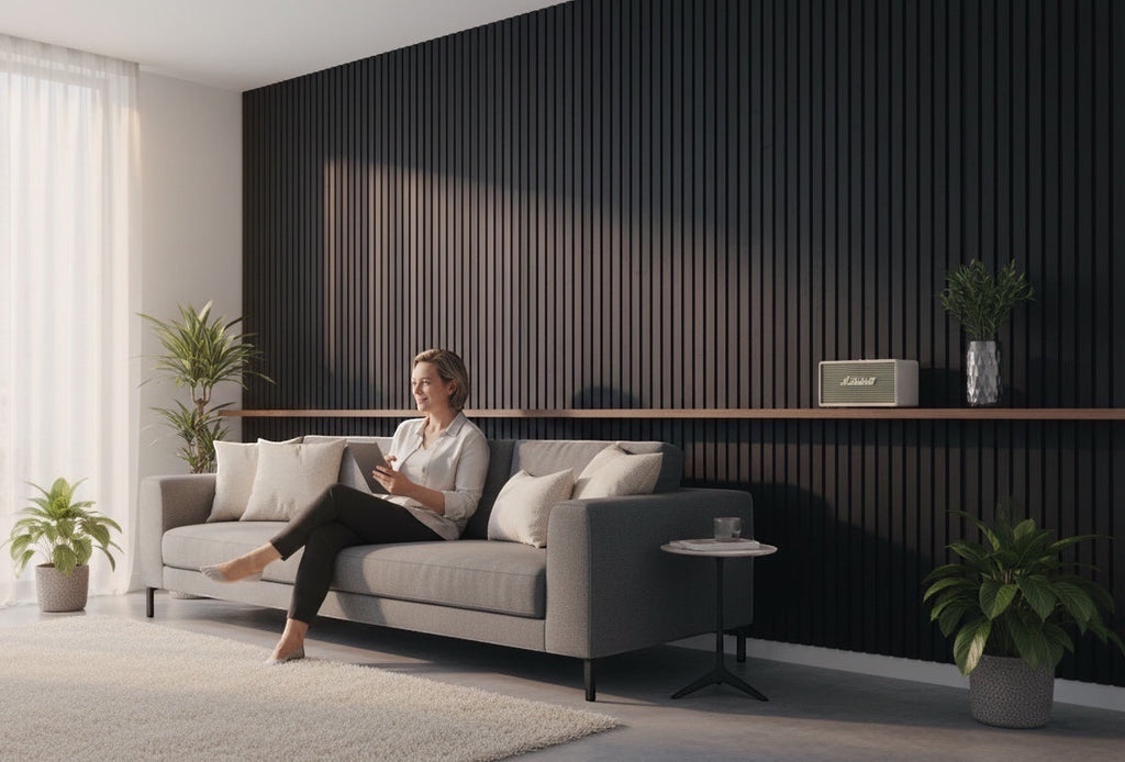 BoxUnboxed acoustic slat wood panels in dark wood veneer with black felt backing, creating a modern accent wall.