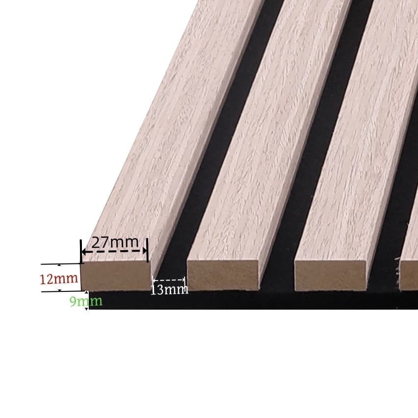 BoxUnboxed acoustic wood slat panels with light wood veneer and black felt backing. 27mm slats, 13mm gaps.