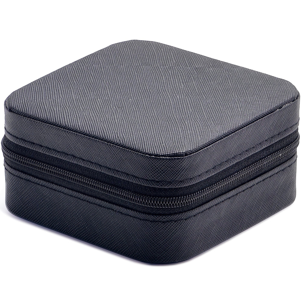 BoxUnboxed black zippered travel jewelry organizer with textured exterior and soft interior for secure storage.