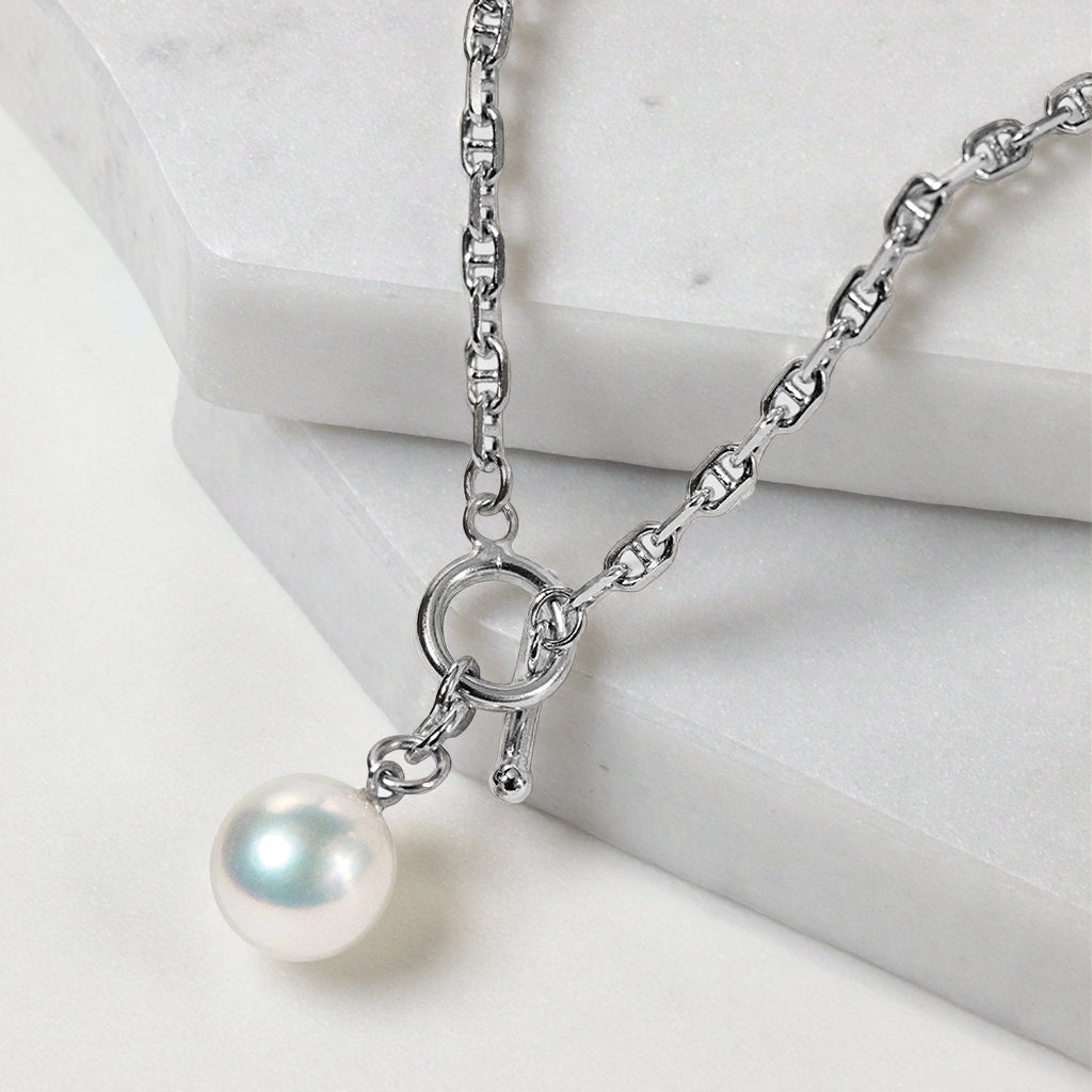 BoxUnboxed Maritime Anchor Link bracelet with a single freshwater pearl charm and toggle clasp, crafted from 925 sterling silver.